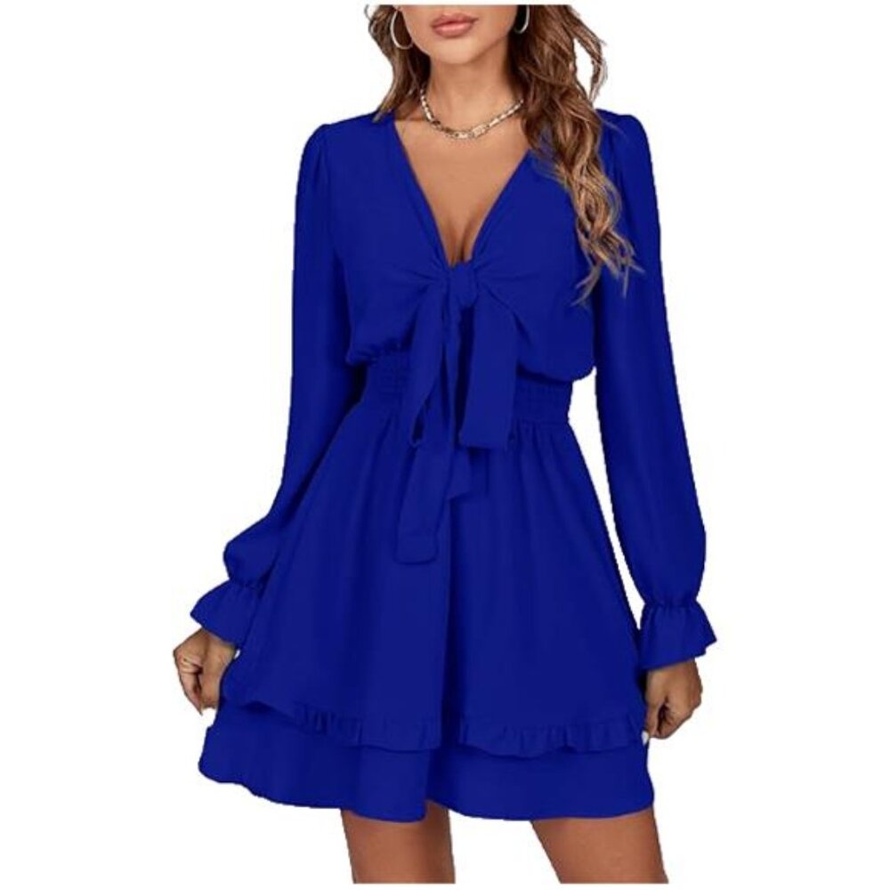 LYANER Women's Blue Tie Front Plunge V Neck Ruffle Long Sleeve Mini Dress M